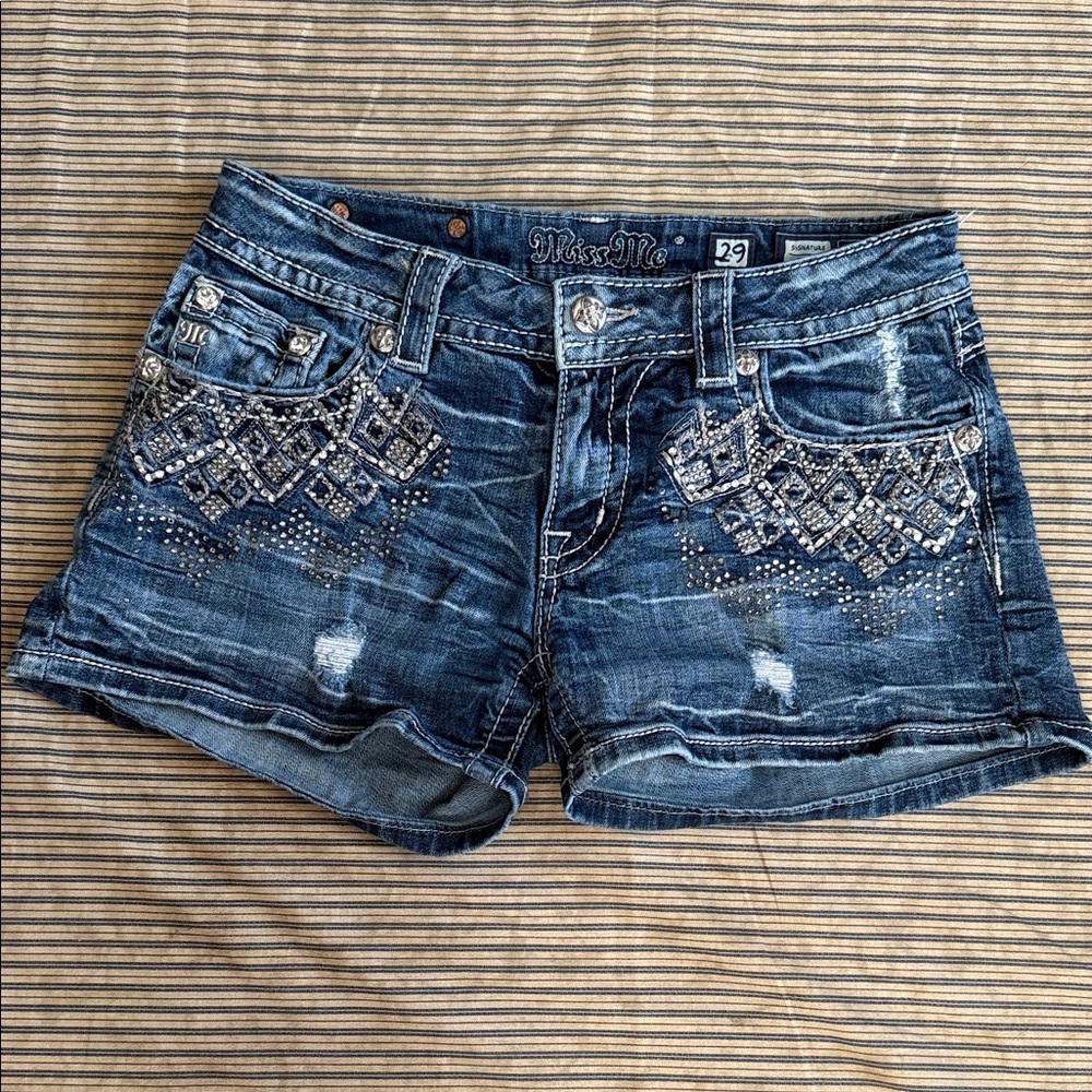 ✨ MISS ME BLING ✨ Aztec Geometric Embellished Denim Jean Shorts 29